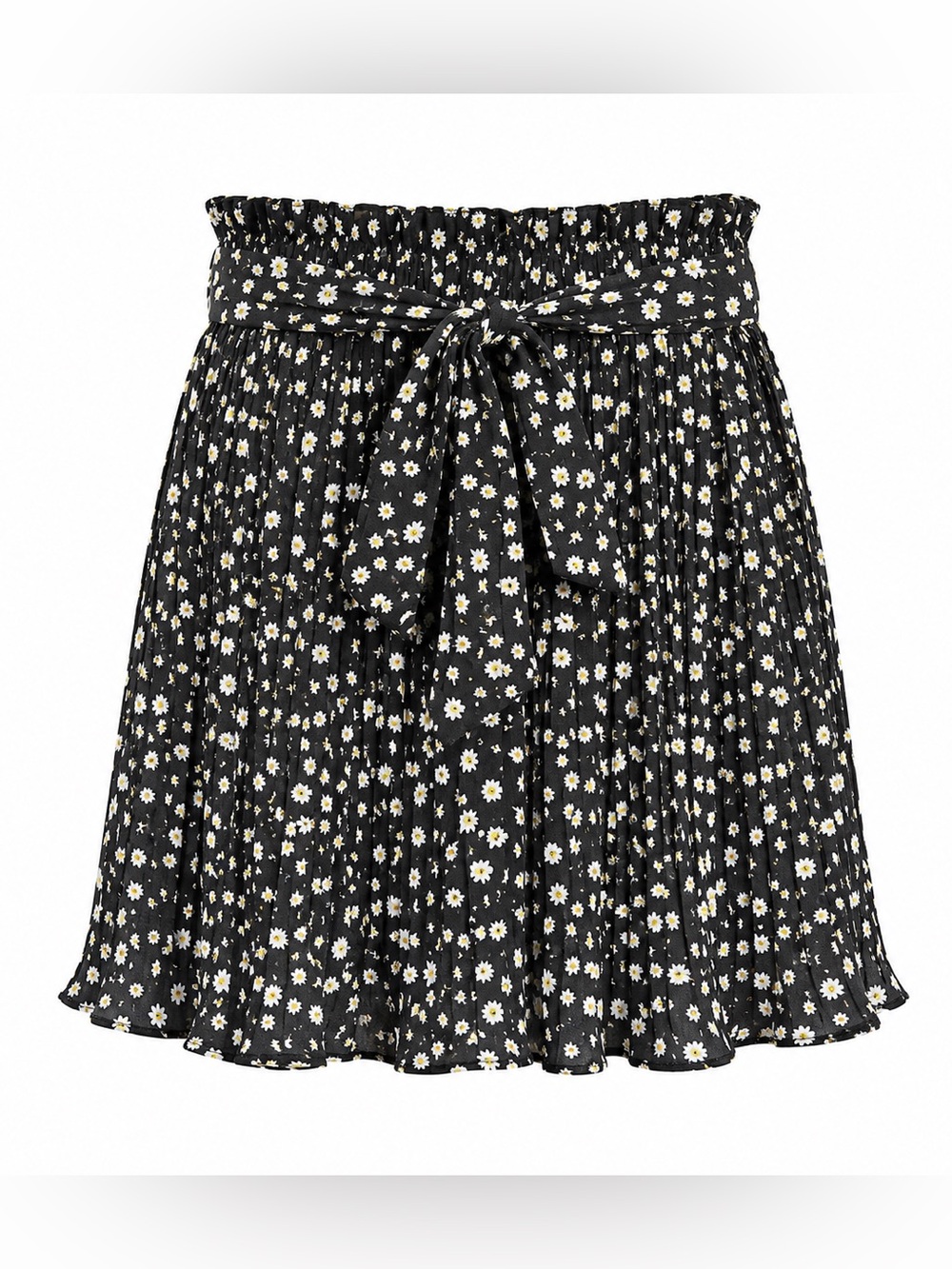 Alice Blue | Black Daisy Print Pleated Mini Skirt w Tie Waist | Women’s Size: S